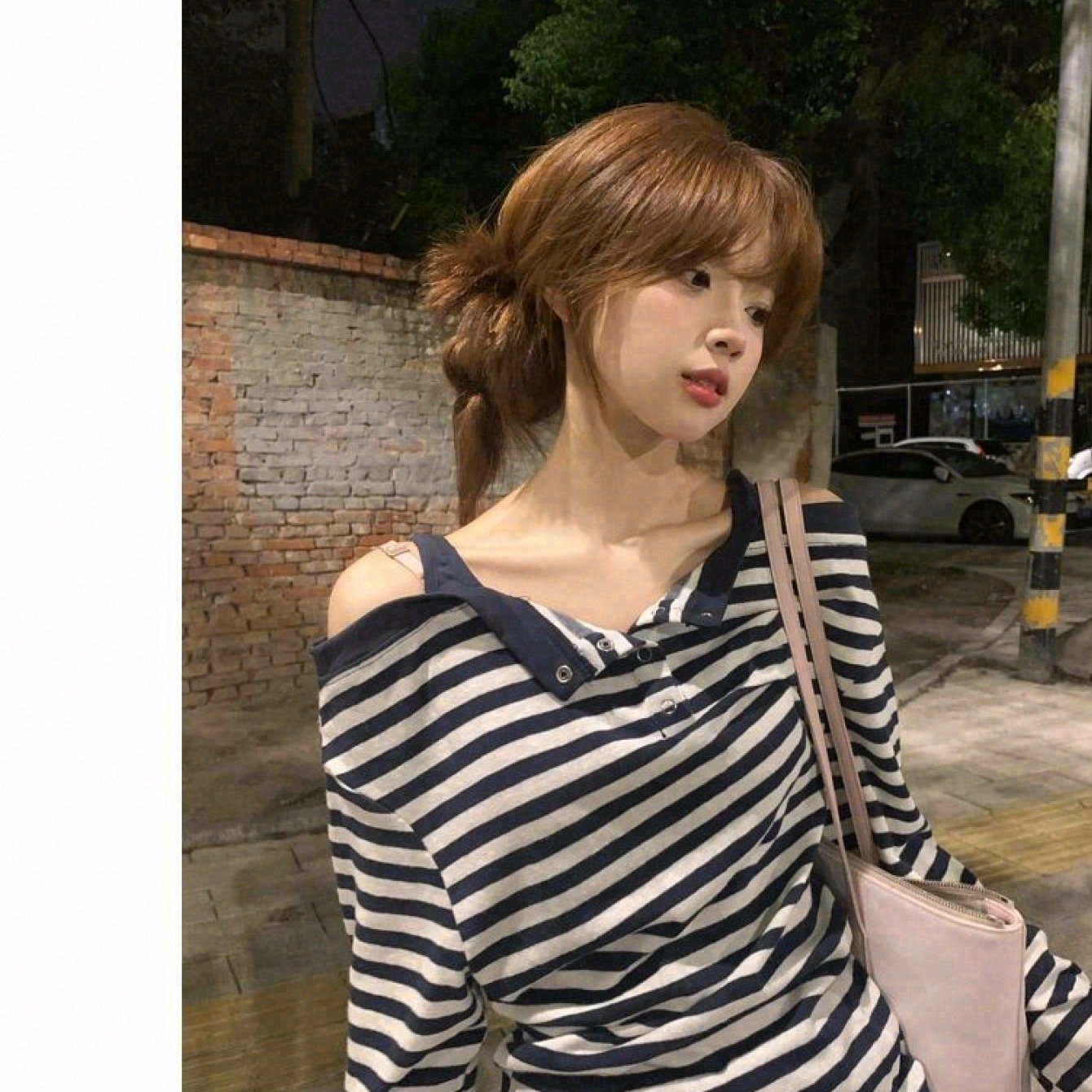 TEMU 여성용 한국 스타일 페이크 투피스 원숄더 긴팔 티셔츠, 봄/가을용 게으른 상의