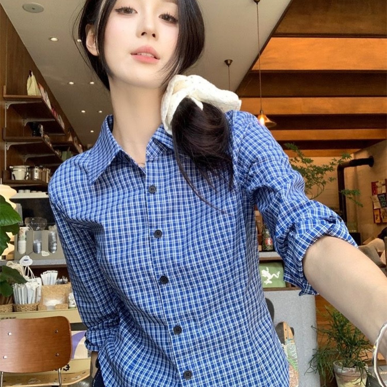 TEMU 여성 체크셔츠 긴팔남방 슬림핏 카라 블라우스 잔체크 빈티지 레트로 하이틴룩 날씬해보이는 체형커버 오피스룩 출근룩 데이트룩 데일리 꾸안꾸 봄 가을 블루 상의