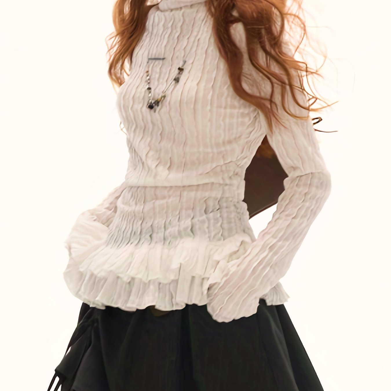 TEMU 여성 프릴 목폴라 티셔츠 레이스 긴팔 이너 슬림핏 셔링 주름 블라우스 페미닌 데이트룩 하객룩 꾸안꾸 가을 겨울 신축성좋은 화이트