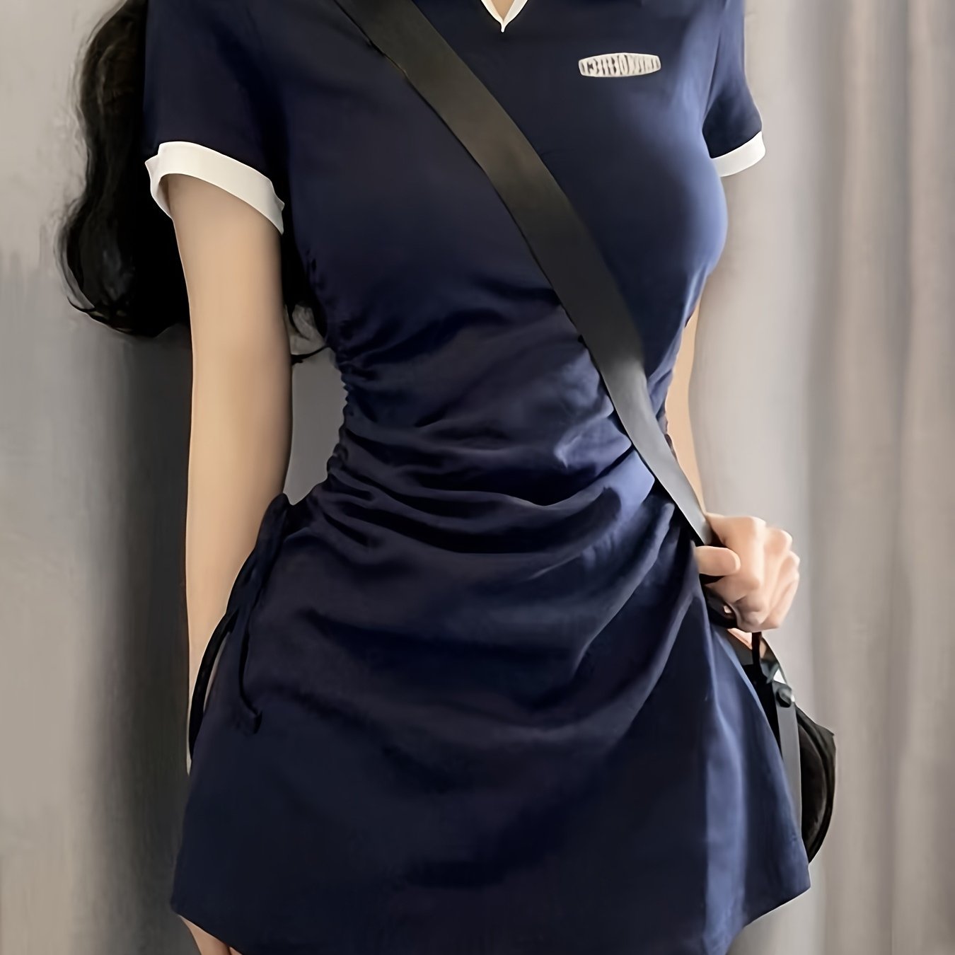 TEMU 여성 배색 카라 미니 원피스 폴로 반팔 셔링 슬림핏 날씬해보이는 프레피룩 테니스룩 하이틴 데이트룩 꾸안꾸 키작녀 여름 네이비