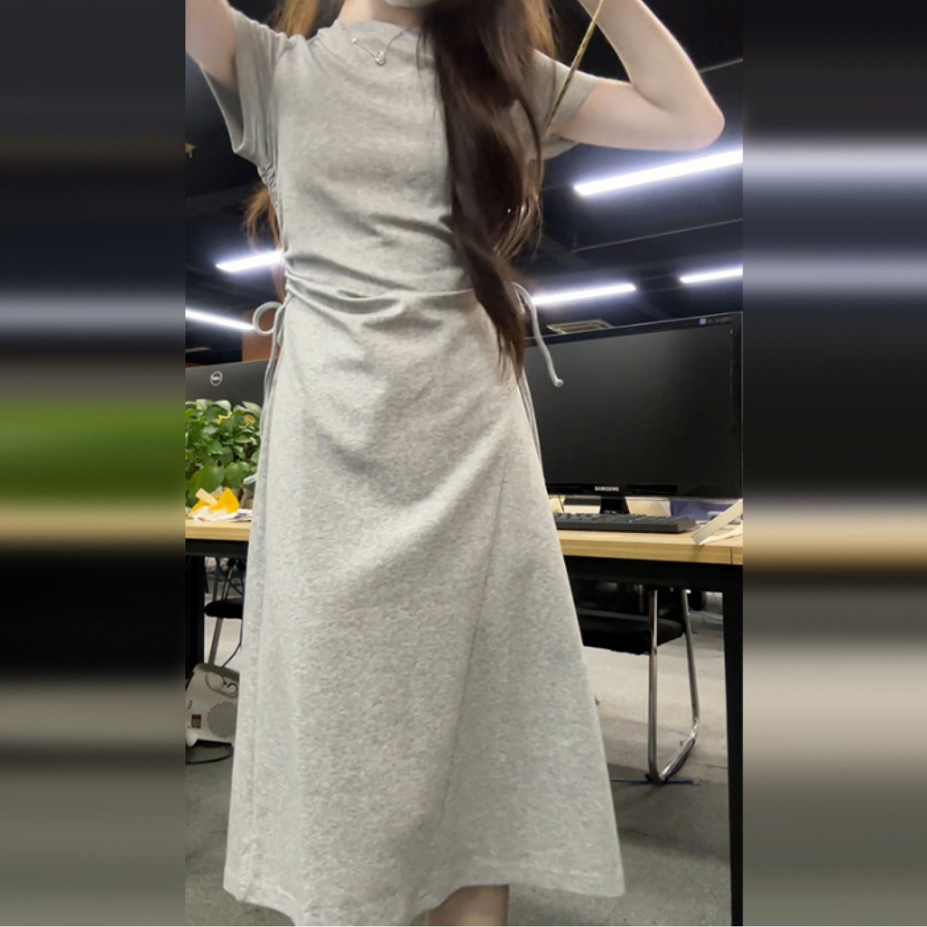 TEMU 여성 반팔 롱원피스 셔링 스트링 슬림핏 날씬해보이는 허리잘록 체형커버 꾸안꾸 데일리 마실룩 코튼라이크 그레이
