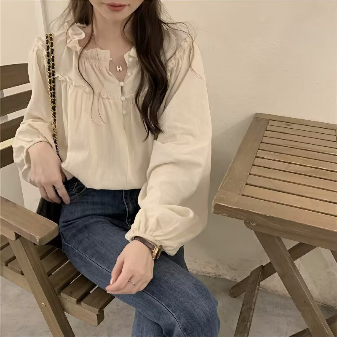 TEMU 여성 프릴 블라우스 빈티지 셔츠 퍼프소매 벌룬소매 루즈핏 긴팔 상의 체형커버 프렌치 시크 하객룩 오피스룩 데일리 꾸안꾸 블랙