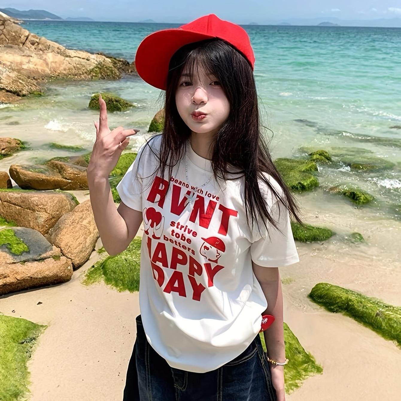 TEMU 레드 레터 프린트가 있는 오버사이즈 반소매 티셔츠 - 루즈핏 캐주얼 상의, 착용에 적합하며 손세탁 가능한 블라우스 스타일 디자인으로 레이어링 또는 일상복에 적합 (비침 없음)