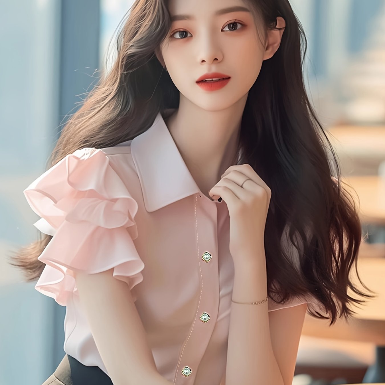 TEMU 여성 프릴 카라 블라우스 핑크 반팔 셔츠 러블리 페미닌 하객룩 데이트룩 오피스룩 출근룩 팔뚝커버 체형커버 날씬해보이는 여름 상의 꾸안꾸