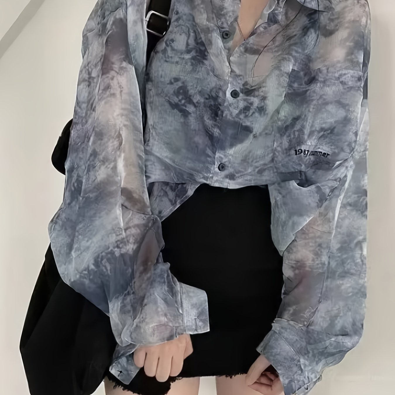 TEMU 여성 마블 프린트 시스루 셔츠 블라우스 얇은 여름 자외선차단 남방 루즈핏 체형커버 바캉스룩 비치웨어 꾸안꾸 페미닌 데일리 수채화 나염 상의