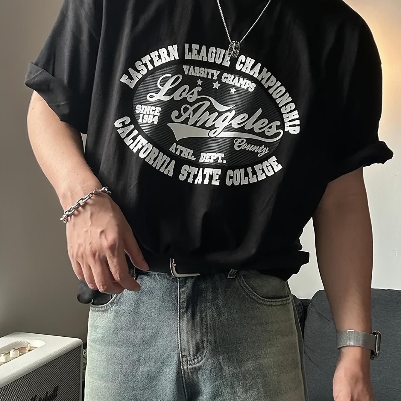TEMU 남성용 헤비웨이트 코튼 로스앤젤레스 캘리포니아 주립 대학 그래픽 티셔츠 - 캐주얼 반팔 크루넥, 루즈핏 여름 티, 레터 프린트, 릴랙스 스피트 셔츠 유니섹스, 커플 스타일