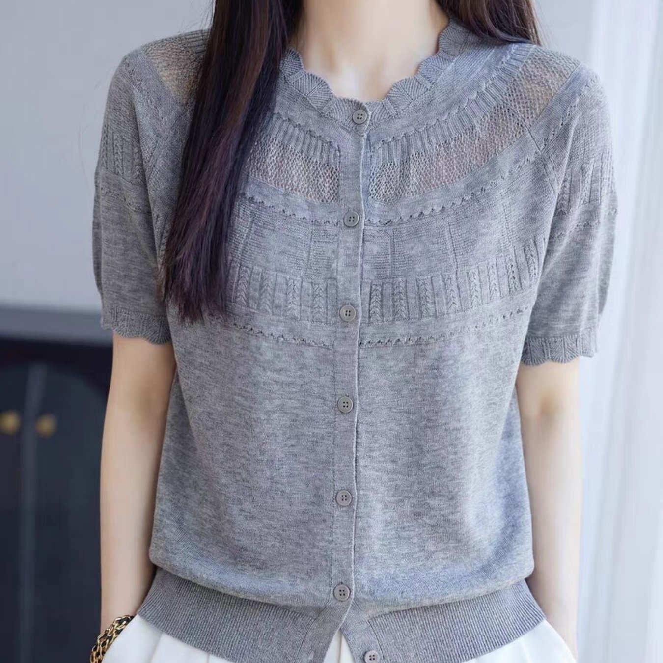 TEMU 여름 신상 여성 반팔 가디건 티셔츠 라운드넥 후크 플라워 할로우 얇은 다용도 탑 트렌드