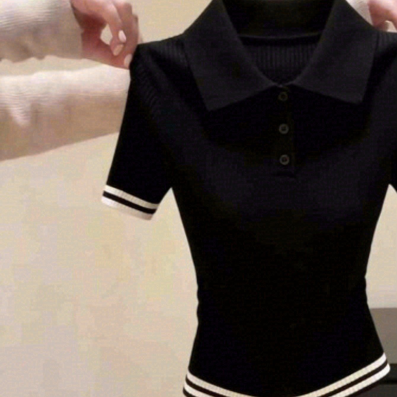 TEMU 스프링, 여름, 가을 신상 패션 인품 블랙 폴로 칼라 반단추 반팔 티셔츠 하의 셔츠 여성 슬림 슬리밍 노화 방지 탑