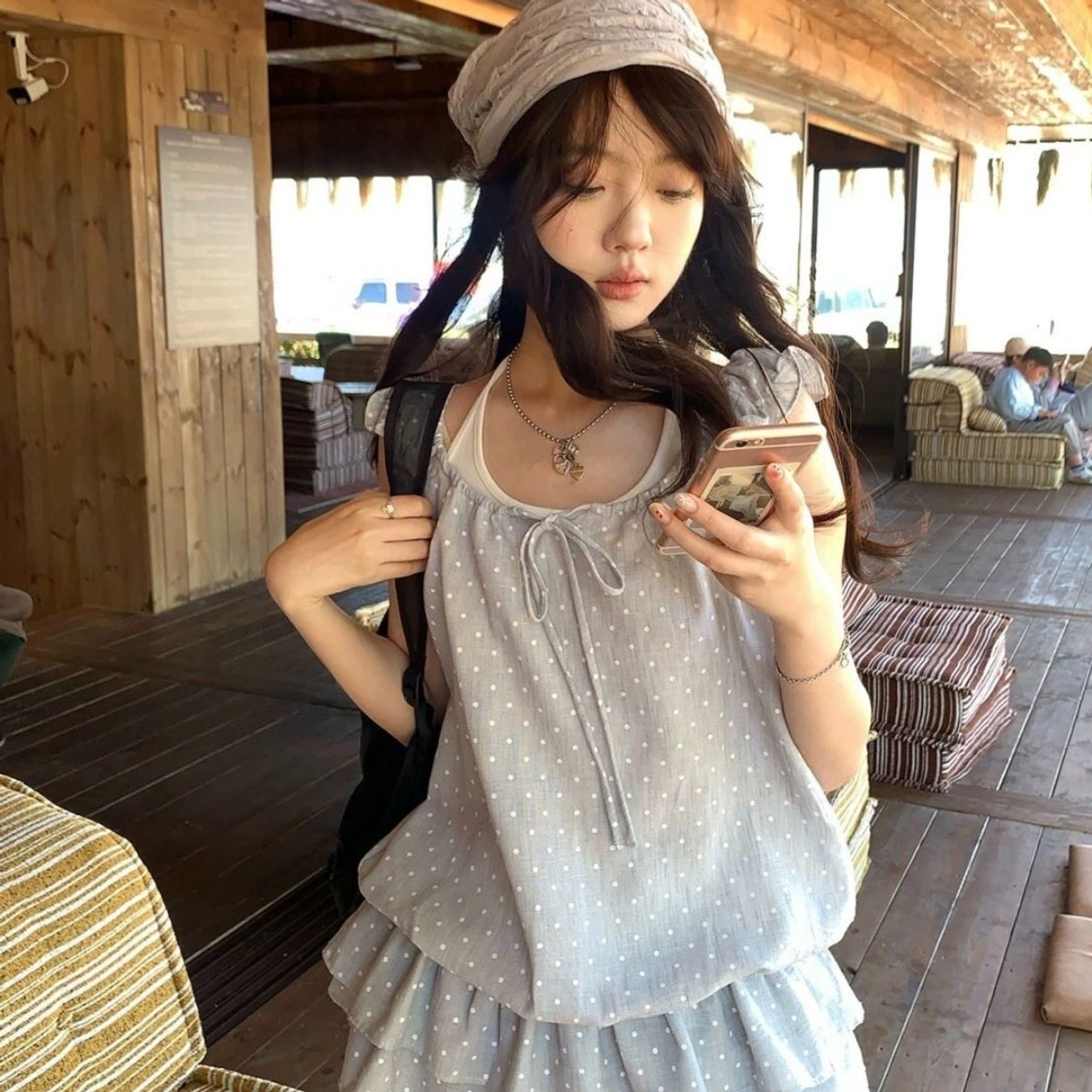 TEMU 폴카 도트 홀터넥 밑단과 러플 허리 디자인의 투피스 상의