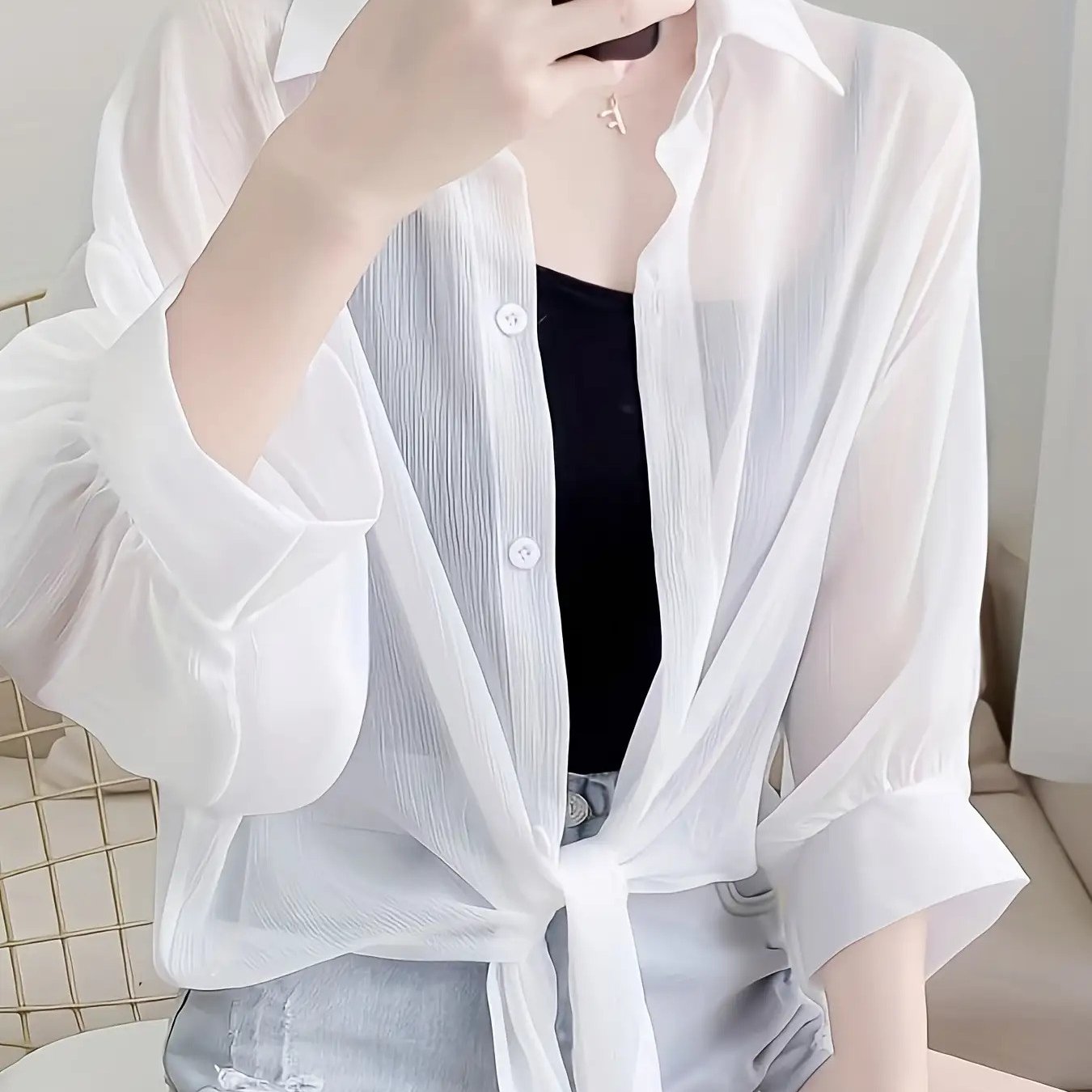 TEMU 여성 시스루 셔츠 블라우스 시폰 가디건 루즈핏 체형커버 자외선차단 살타방지 에어컨대비 바캉스룩 비치웨어 커버업 벌룬소매 주름 화이트