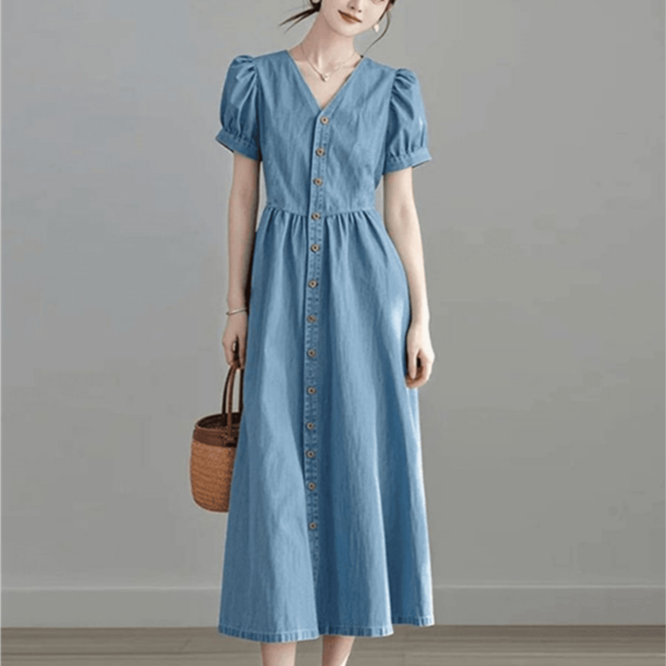 TEMU 여름 하이엔드 캐주얼 노화 방지 릴렉스 웨어 블루 데님 반팔 원피스 여성 의류