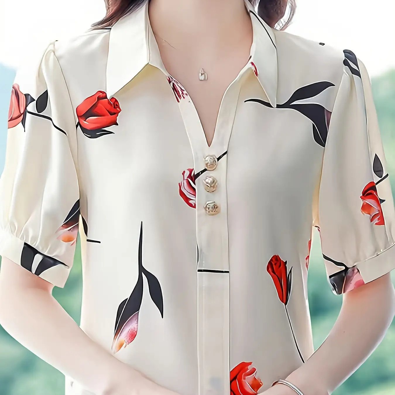 TEMU 여성 플라워 블라우스 반팔 셔츠 브이넥 카라 퍼프소매 실키한 찰랑거리는 장미 프린트 바캉스룩 하객룩 데이트룩 오피스룩 페미닌 팔뚝커버 체형커버