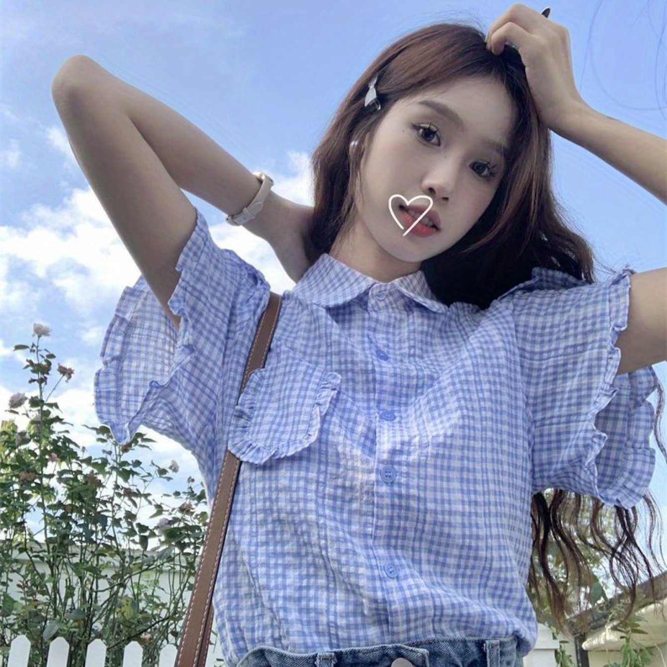 TEMU 여성 체크 반팔 셔츠 블라우스 깅엄체크 프릴 러플 루즈핏 체형커버 러블리 데이트룩 바캉스룩 시원한 여름 남방 소라 꾸안꾸