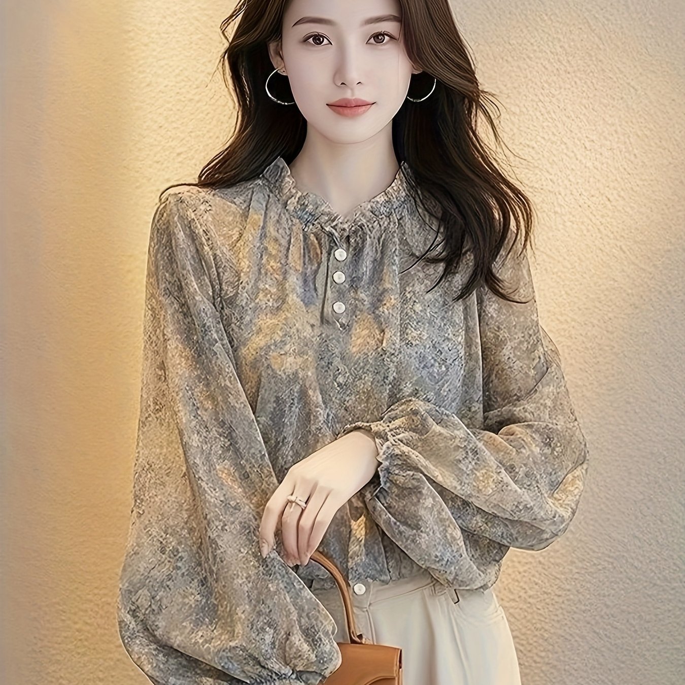 TEMU 여성 꽃무늬 쉬폰 블라우스 프릴 셔링 셔츠 퍼프소매 루즈핏 체형커버 오피스룩 출근룩 하객룩 데이트룩 페미닌 우아한 봄 가을 상의
