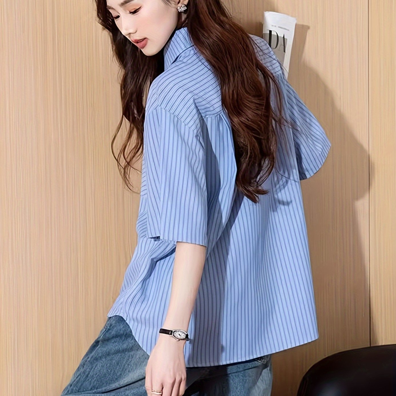 TEMU 여성 반팔셔츠 루즈핏 남방 여름 블라우스 체형커버 힙덮는 언밸런스 세로줄 오버핏 꾸안꾸 오피스룩 출근룩 데일리 시원한 소라색