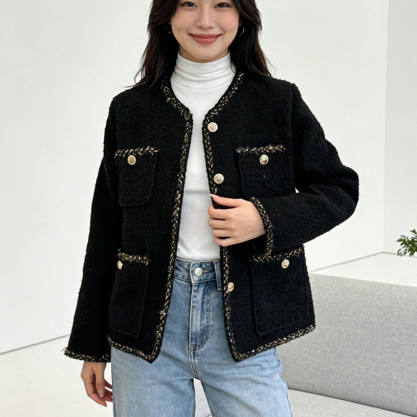 TEMU 여성 봄가을 긴팔 가디건 라운드넥 트위드 오피스룩 자켓 슬림소녀