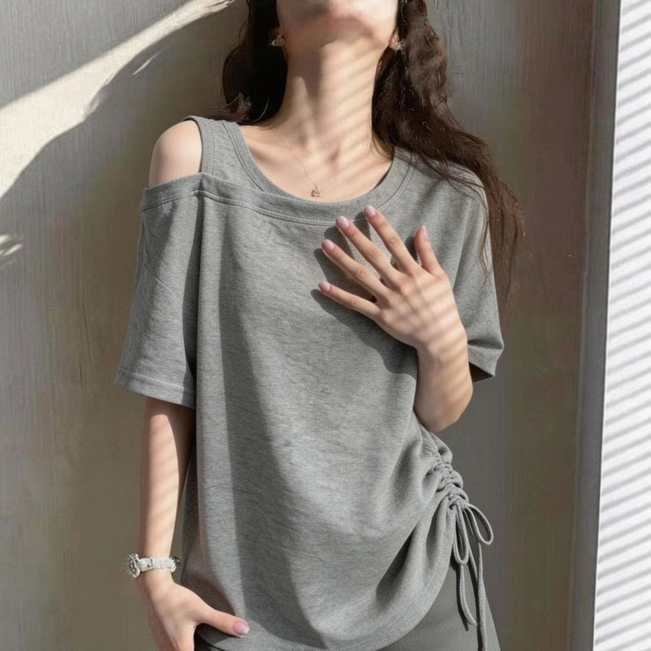 TEMU 불규칙 드로우스트링 슬랜트넥 오프숄더 반팔 티셔츠 여성용 루즈핏 여름신상 슬림 데일리