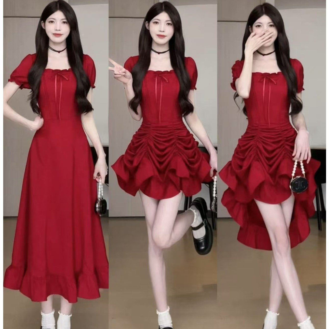 TEMU 빅사이즈 스퀘어넥 셔링 원피스 연출 스트링 반팔 롱원피스 날씬해보이는 체형커버 프렌치룩 페미닌 하객룩 데이트룩 퍼프소매 블랙