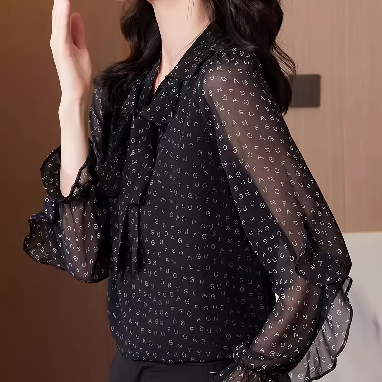 TEMU 여성 쉬폰 블라우스 타이넥 리본 셔츠 시스루 레터링 프릴소매 팔뚝커버 날씬해보이는 오피스룩 출근룩 하객룩 페미닌 우아한 블랙