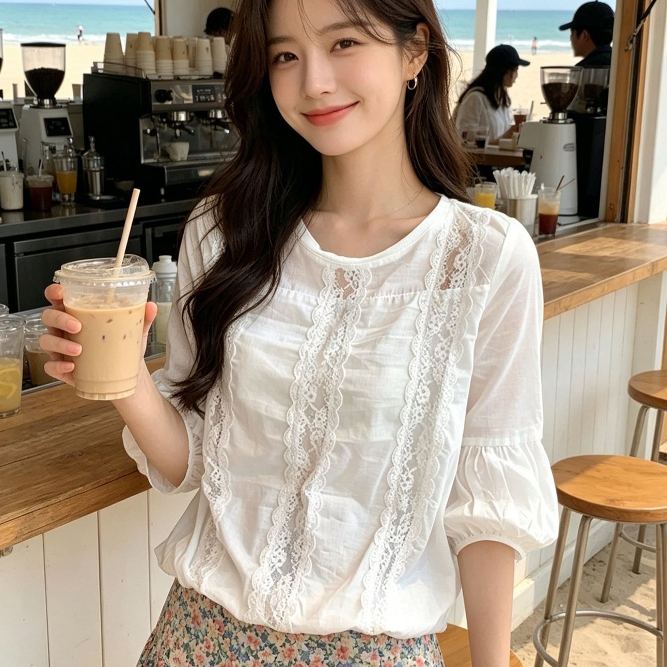 TEMU 여자 봄 여름 달콤하고 레이스업 자카드 데일리 캐주얼 통근 심플 긴팔 티셔츠 슬림소녀