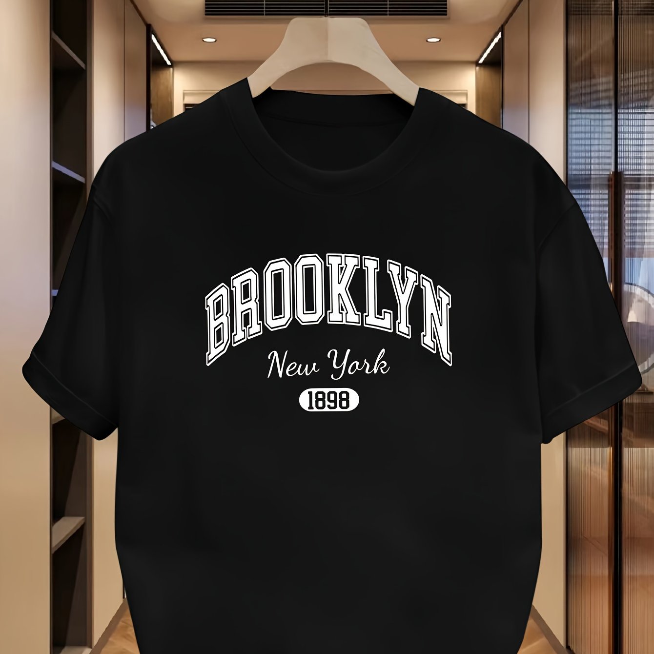 TEMU 남성 캐주얼 "BROOKLYN" 그래픽 티 - 블랙 크루넥, 짧은 소매, 가볍고 신축성 있는 여름 스타일, 성인 사이즈, 캐주얼 여름 티셔츠 그래픽 프린트 티셔츠 가벼운 티셔츠