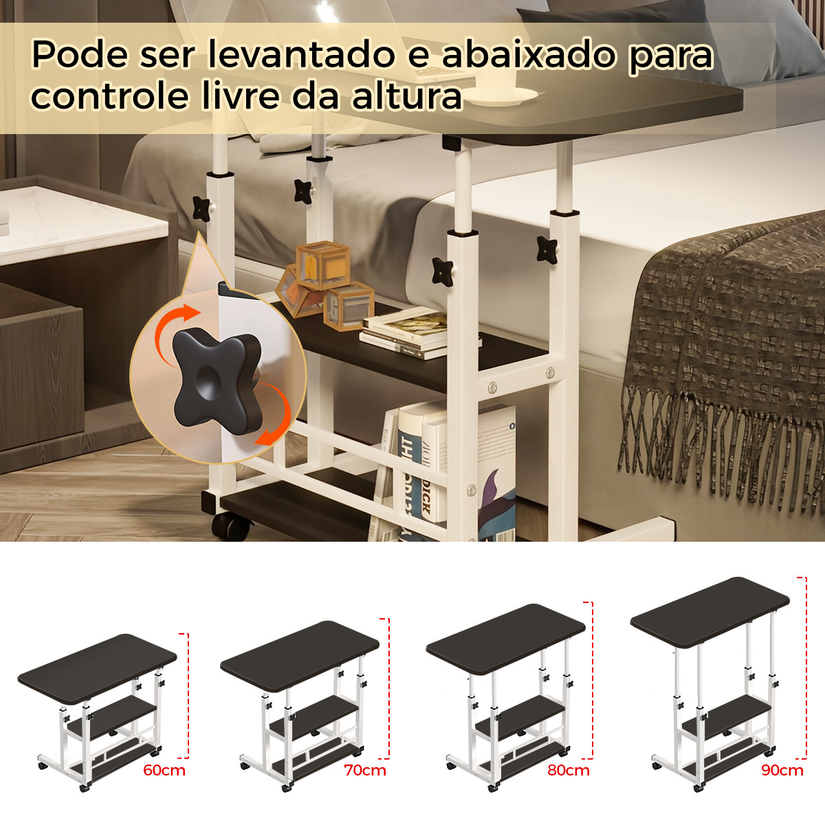 mesa mutiuso mesinha notebook com altura regulavel e rodinhas tablet cama sofá ajustavel detalhes 1