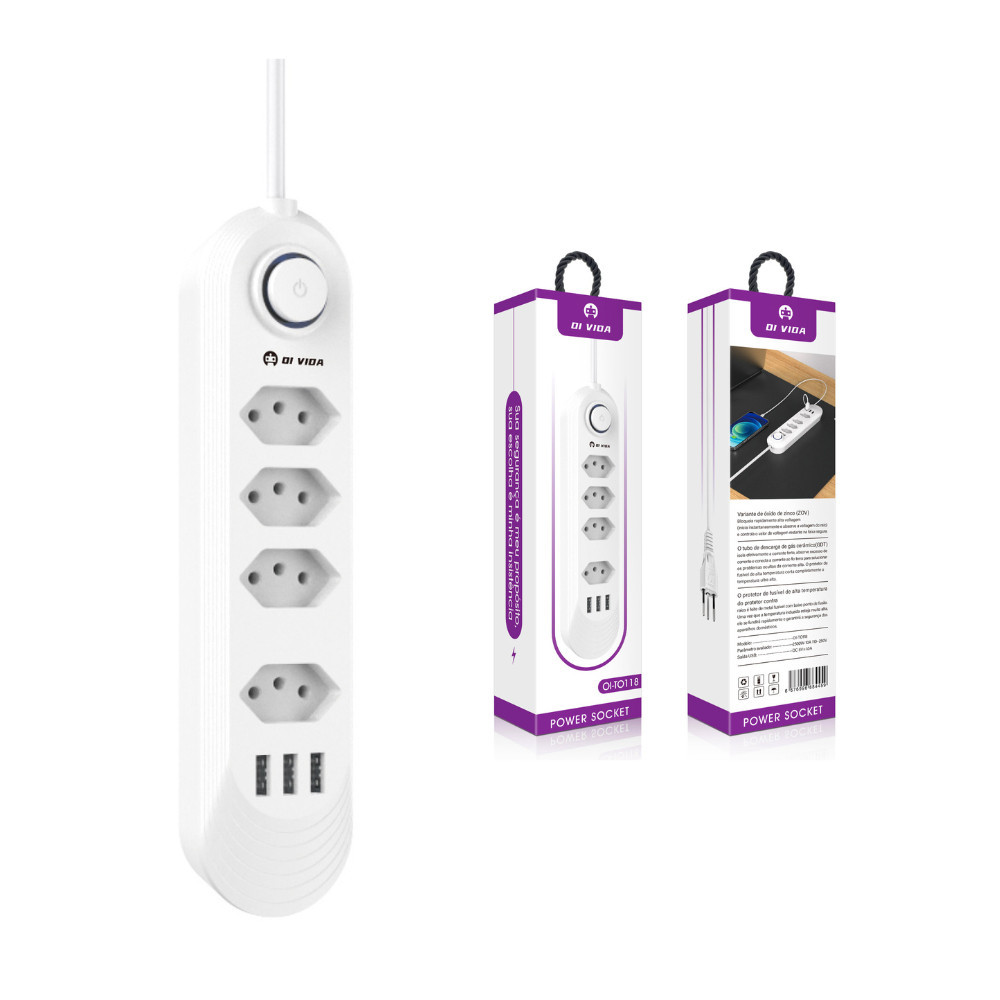 Tomada inteligente preta com 4 tomadas e 3 USB