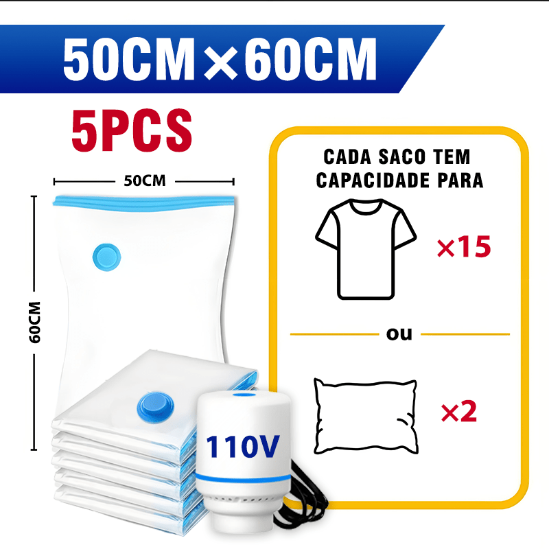 kit saco a vacuo + bomba manual organização de roupas mala viagem  