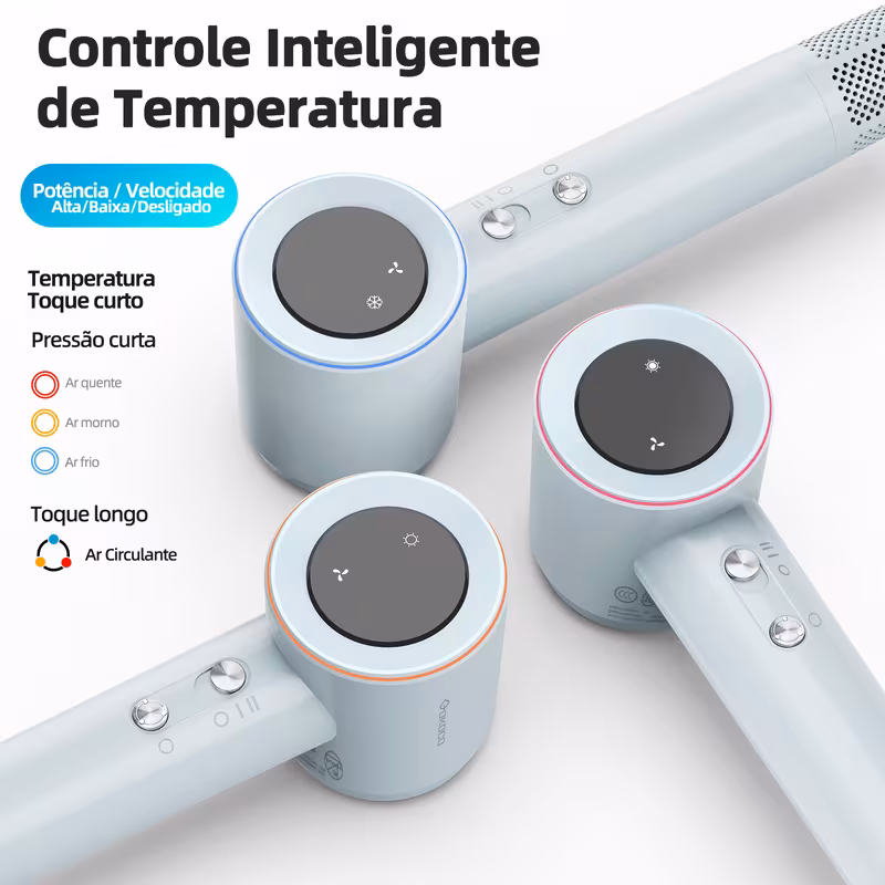 Infográfico do secador GOKOCO mostrando as configurações de temperatura e velocidade na tela LED