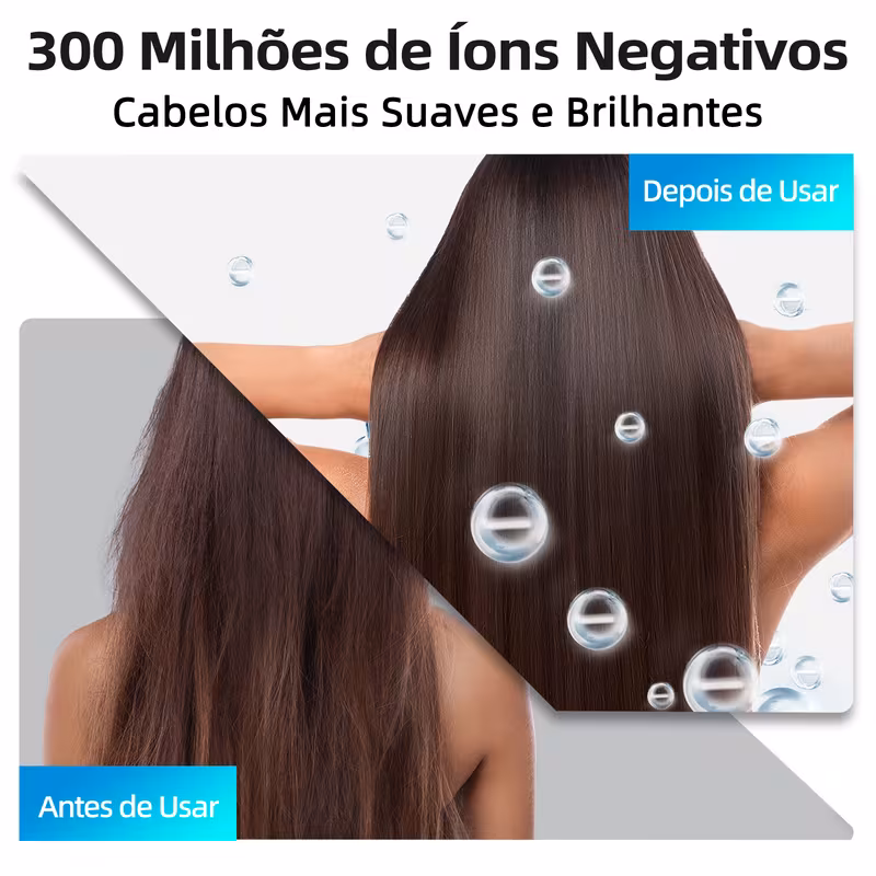 Comparação visual de cabelo antes e depois do uso com tecnologia de ions negativos
