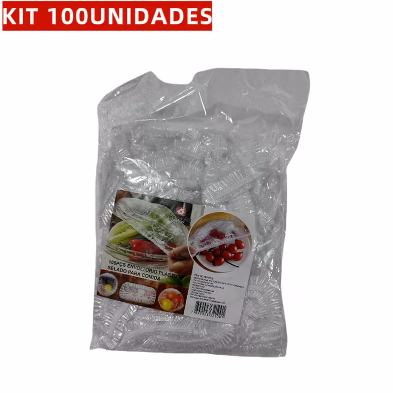 Pacote lacrado contendo 100 unidades de capas plásticas para alimentos