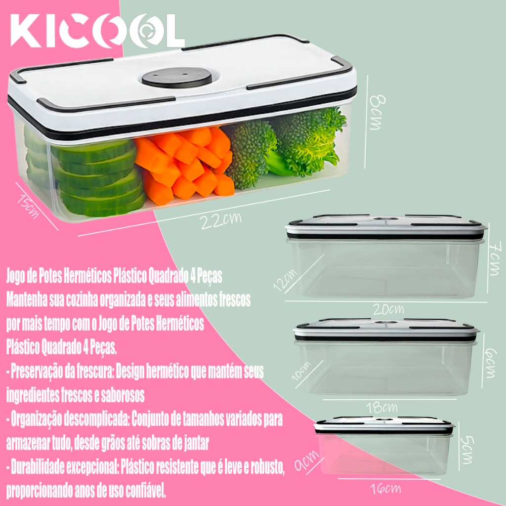 Infográfico do produto mostrando as dimensões em centímetros de cada pote do conjunto