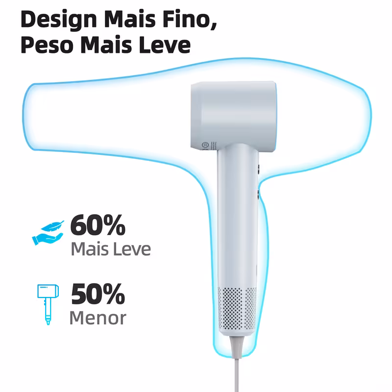 Gráfico ilustrando o design leve e compacto do secador em comparação a modelos convencionais