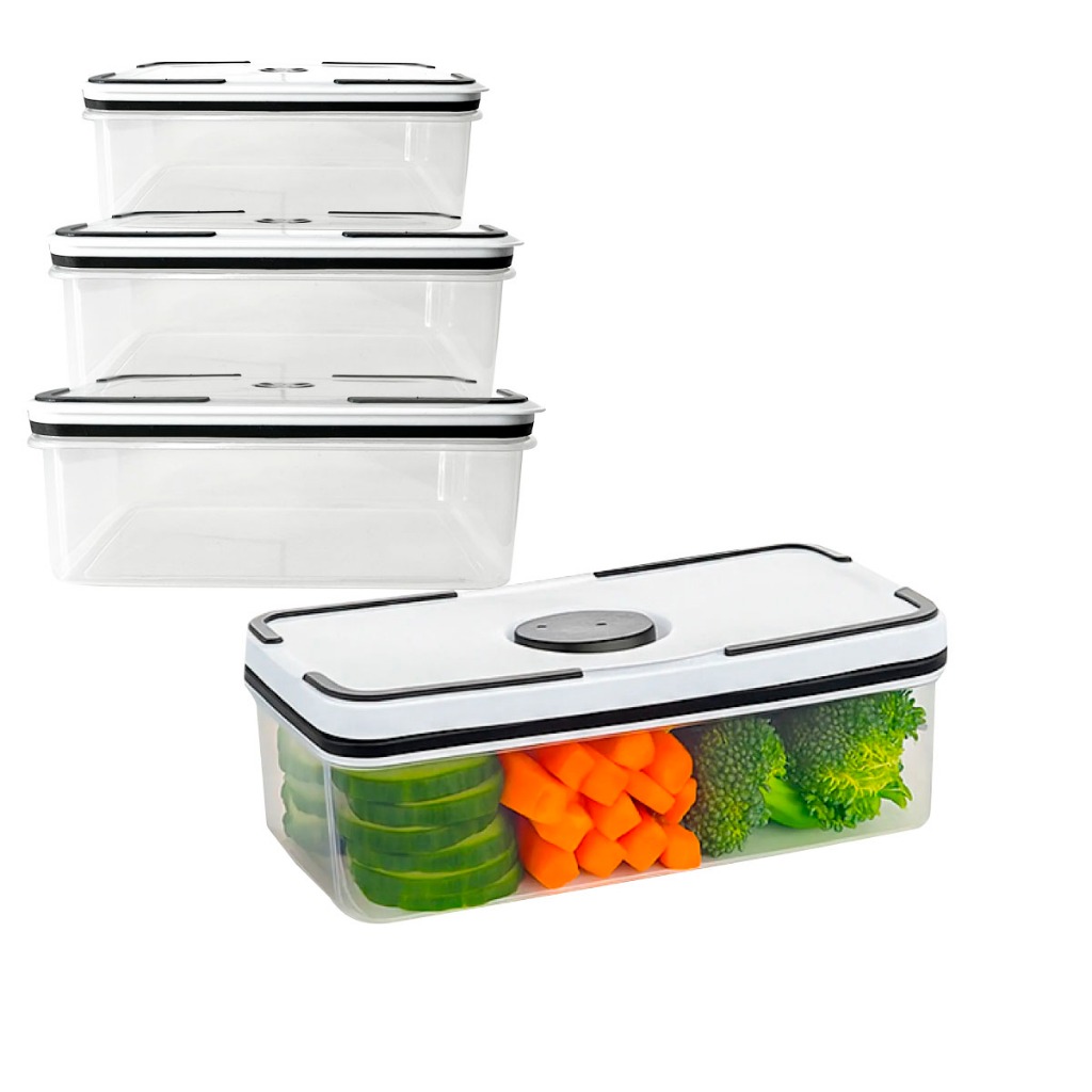 Três potes herméticos retangulares empilhados verticalmente em fundo branco