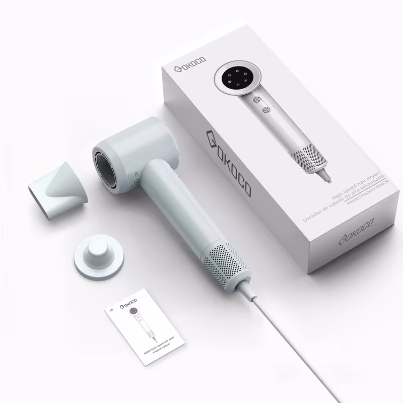 Embalagem do secador de cabelo GOKOCO com acessórios e manual