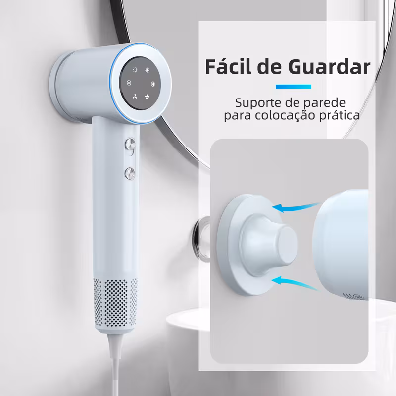 Secador de cabelo GOKOCO montado em um suporte de parede no banheiro