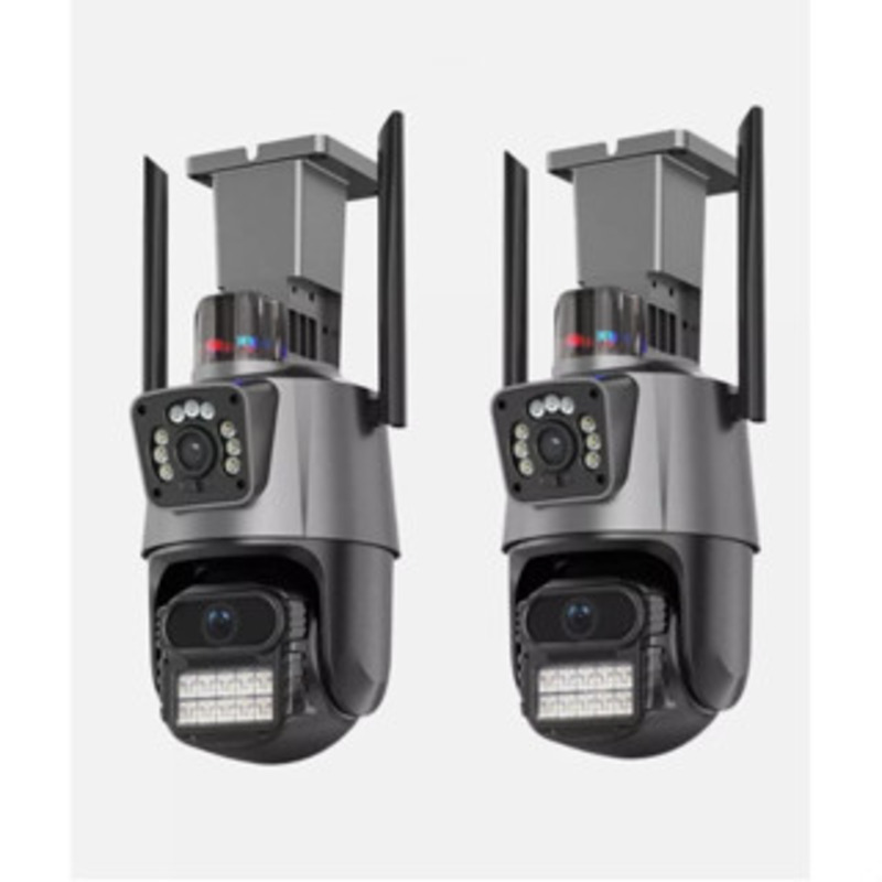 Par de câmeras de segurança inteligentes P11kicool com design de lente dupla e antenas externas em fundo branco.