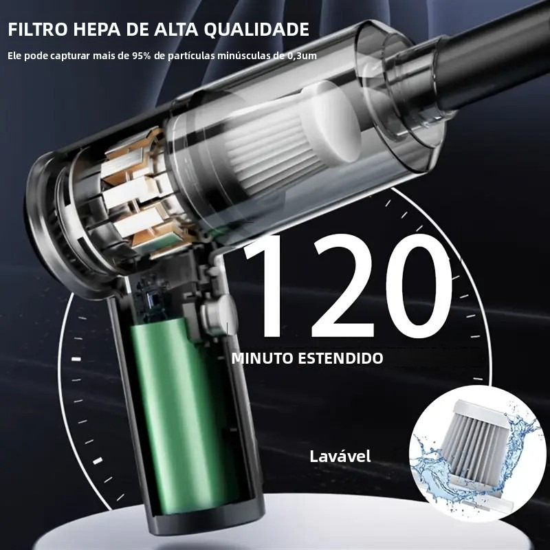 Corte interno do aspirador mostrando a bateria e o motor com indicação de 120 minutos de autonomia e filtro HEPA