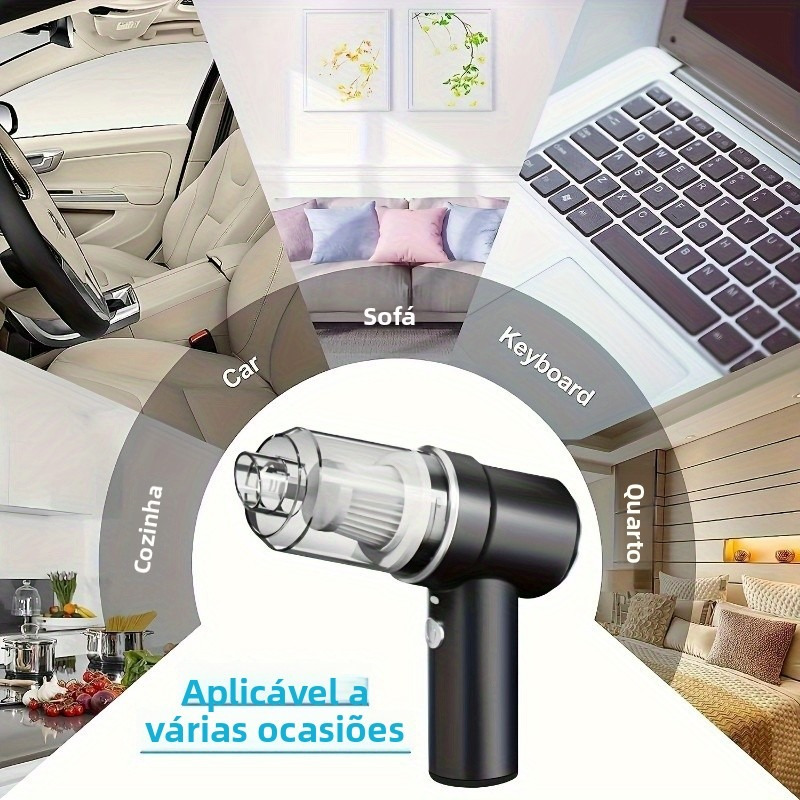 Diagrama mostrando as diversas aplicações do aspirador em carro, sofá, teclado e cozinha