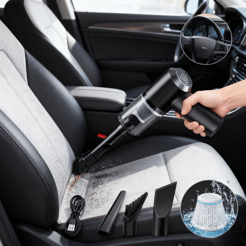 Aspirador de pó portátil sem fio preto sendo utilizado para limpar banco de carro com acessórios inclusos