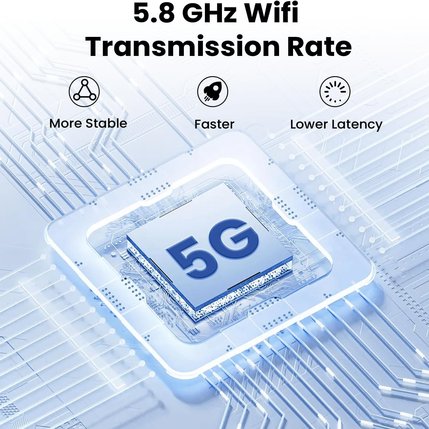 Ilustração de um chip com a inscrição 5G e ícones indicando conexão mais estável, mais rápida e menor latência.