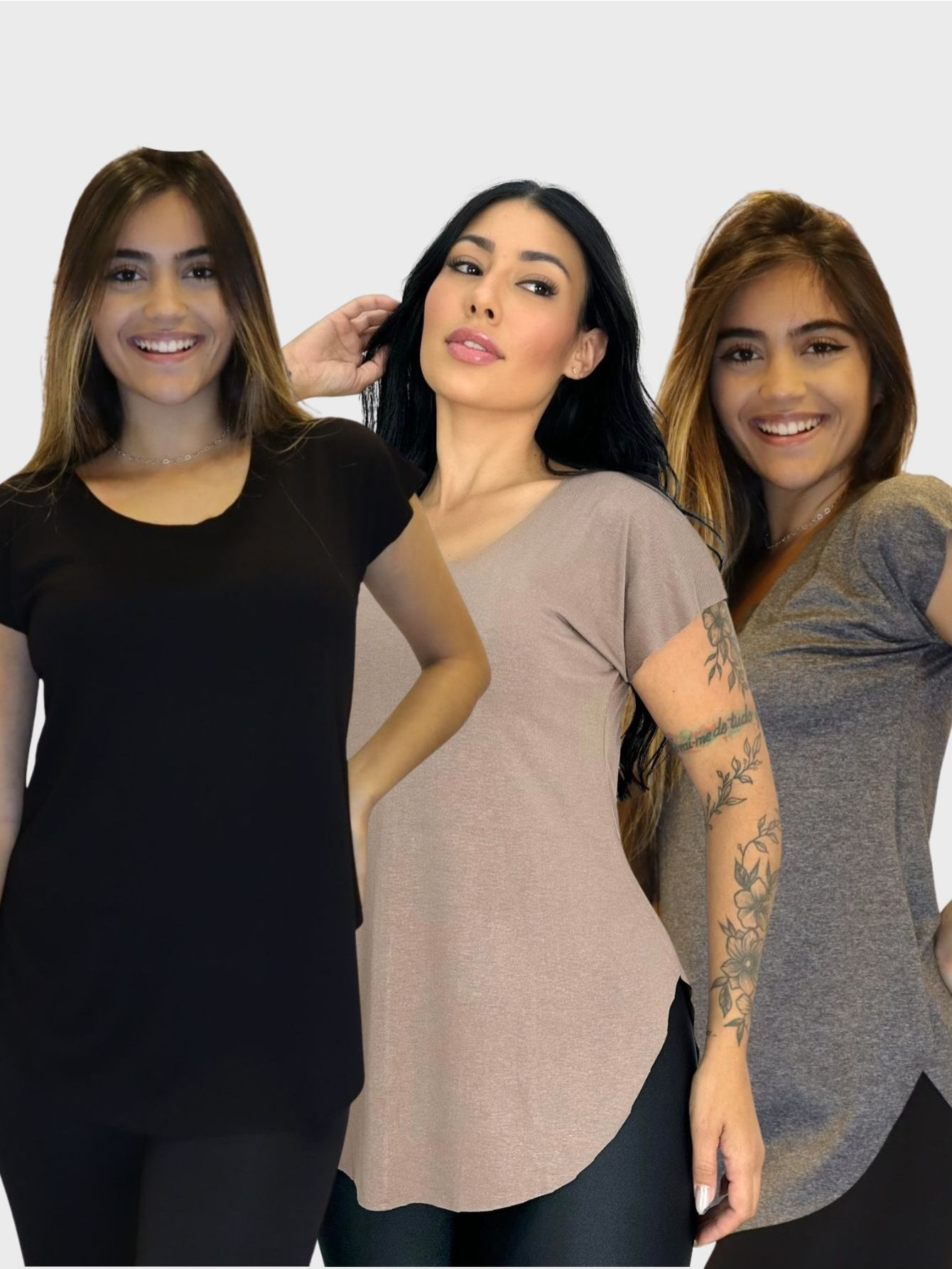 Três mulheres posando lado a lado vestindo blusas de manga curta com barra arredondada nas cores preta, bege e cinza.
