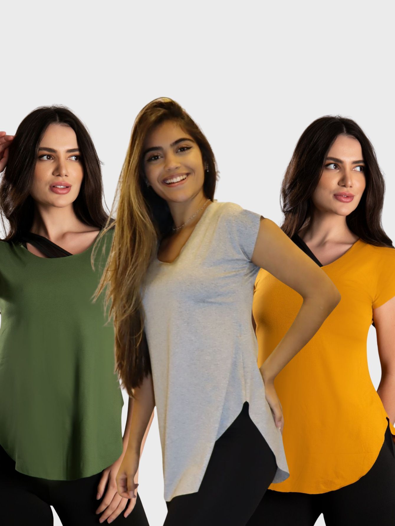 Três mulheres exibindo o modelo de blusas com barra arredondada em tons de verde oliva, cinza claro e amarelo mostarda.