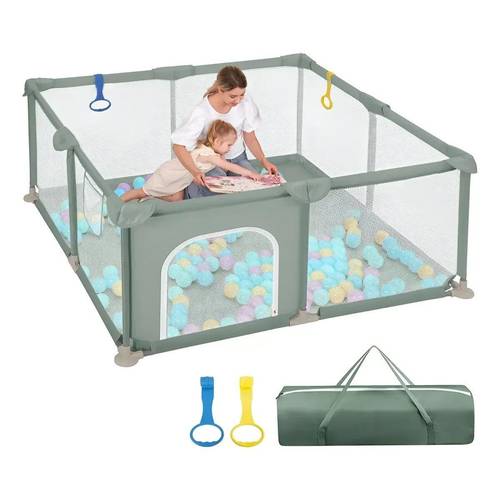 dinho para bebês chiqueiro com antiqueda e malha 4 argolas de puxar + 8 ventosas, resistente e dobrável