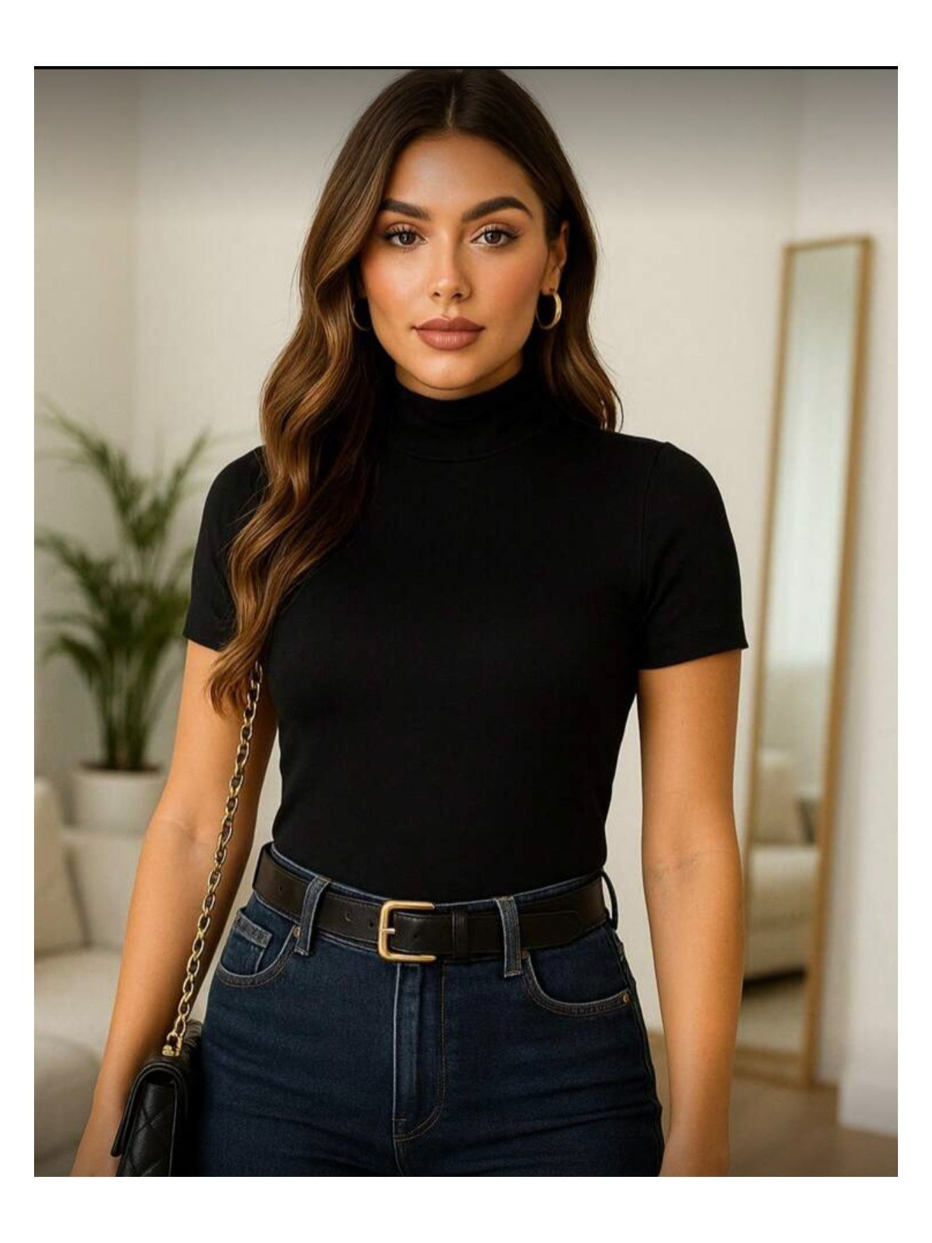 Mulher usando blusa gola alta preta com jeans e cinto dourado