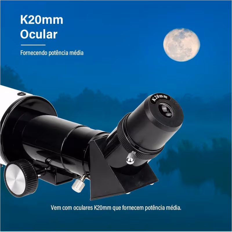 Close-up da ocular K20mm do telescópio mostrando o encaixe e a visualização da lua ao fundo