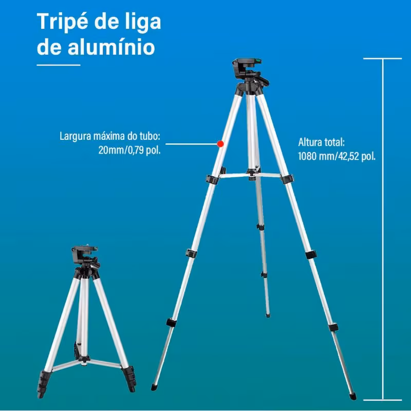 Tripé de liga de alumínio ajustável com indicação de altura máxima de 1080mm