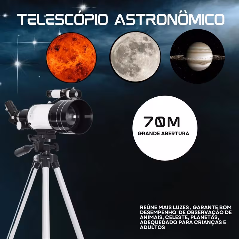 Telescópio montado exibindo a abertura de 70mm e representações de planetas observáveis