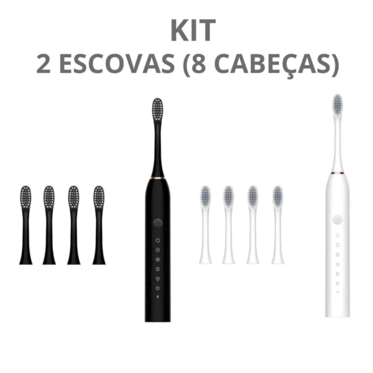 Kit de duas escovas de dente elétricas recarregáveis, uma preta e uma branca, acompanhadas por oito cabeças de reposição no total.