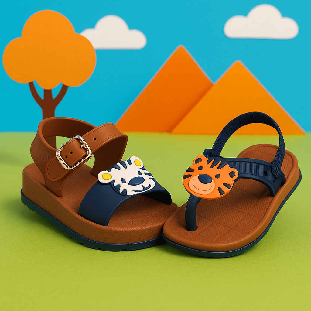 Kit contendo uma sandália com fivela e um chinelo com elástico exibidos sobre fundo colorido com elementos de cenário lúdico